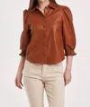 Another Love Yara Faux Leather Button Down Top In Roasted Pecan In Multi