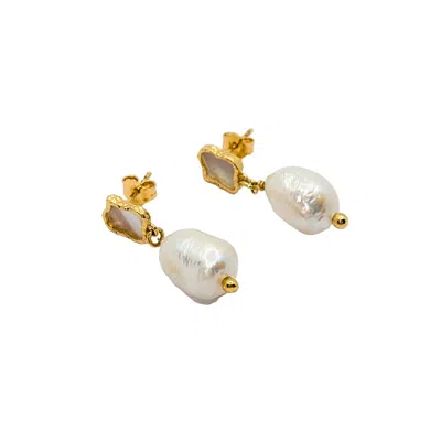 Another Mother Women's White / Gold Shelly Gold Textured Bezel Mother Of Pearl Drop Earrings