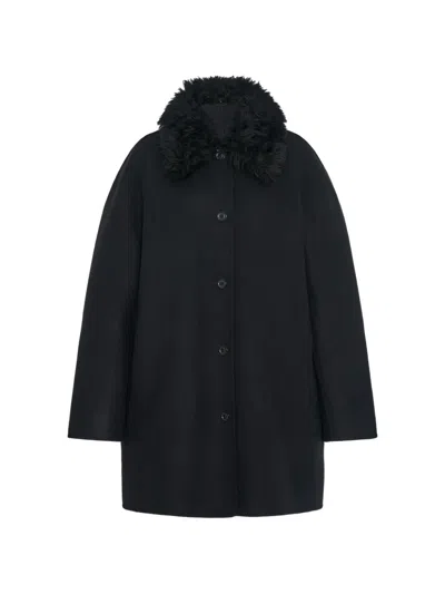 Another Tomorrow Balmacaan Faux-fur Collar Coat In Black