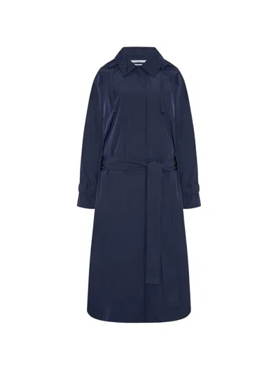 Another Tomorrow Belted Hooded Trench Coat In Blue