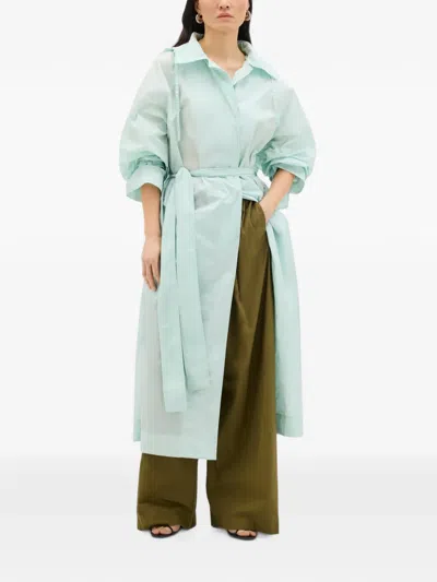 Another Tomorrow Belted Hooded Trench Coat In Blue