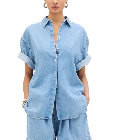 Another Tomorrow Chambray Short Sleeve Shirt In Blue