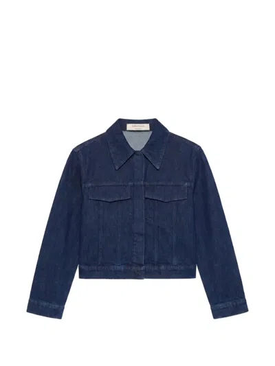 Another Tomorrow Cropped Seam-detail Denim Jacket In Blue