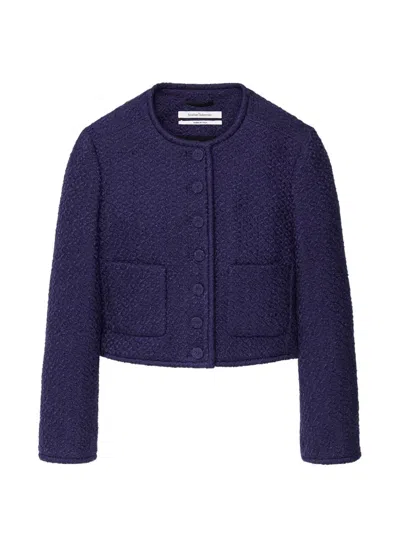 Another Tomorrow Cropped Tweed Jacket In Blue