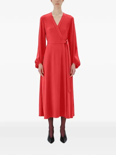 Another Tomorrow Cut-out Lantern-sleeve Wrap Dress In Red