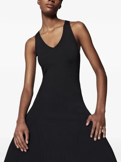 Another Tomorrow Deep V Ribbed-knit Dress In Black