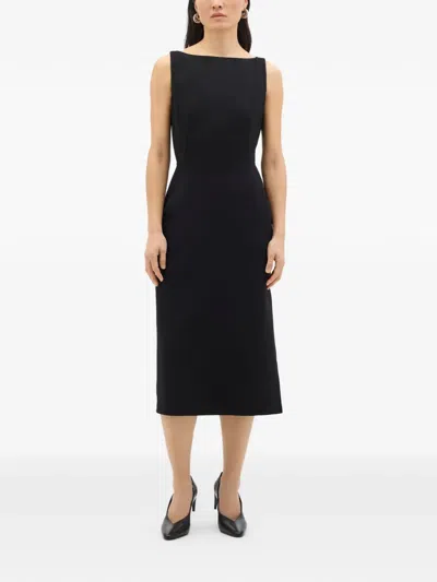 Another Tomorrow Doppio Merino-wool Blend Boatneck Midi-dress In Black