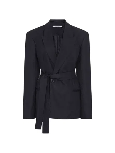 Another Tomorrow Double-breasted Belted Blazer In Black
