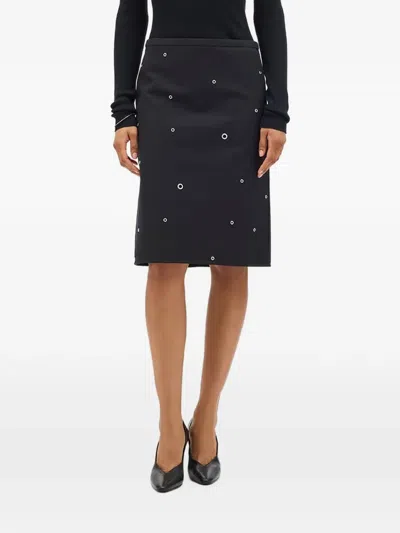Another Tomorrow Eyelet-embellished Midi Pencil Skirt In Black