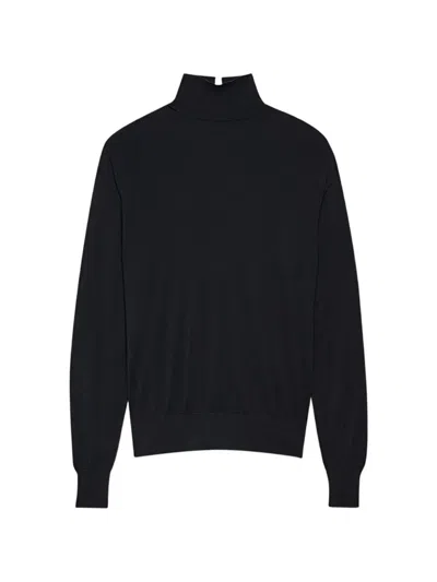 Another Tomorrow Fine-knit Turtleneck Long-sleeve Top In Black