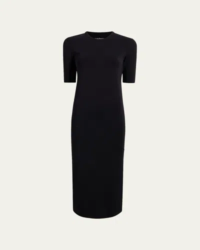 Another Tomorrow Fitted Midi Dress W/ Elbow Sleeves In Black