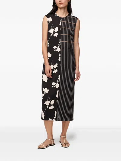 Another Tomorrow Floral-print Pinstripe Dress In Black
