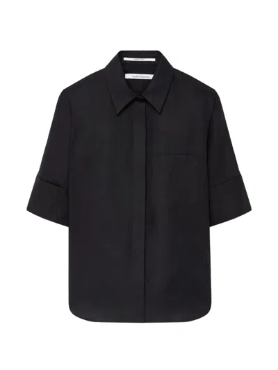 Another Tomorrow French-cuff Linen Blouse In Black