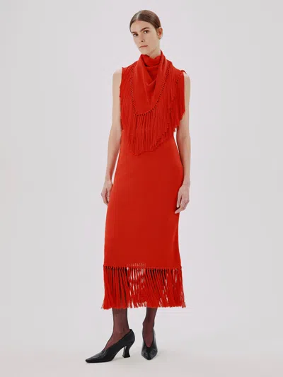 Another Tomorrow Fringe Scarf Neck Shell In Tomato