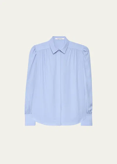 Another Tomorrow Gathered Viscose Button-front Blouse In Oxford Blue