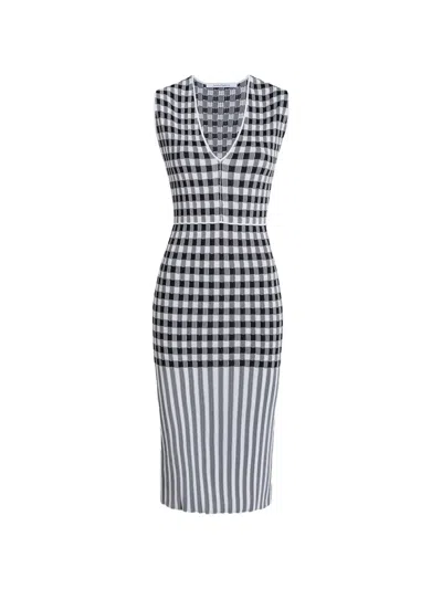 Another Tomorrow Gingham-knit V-neck Dress In White