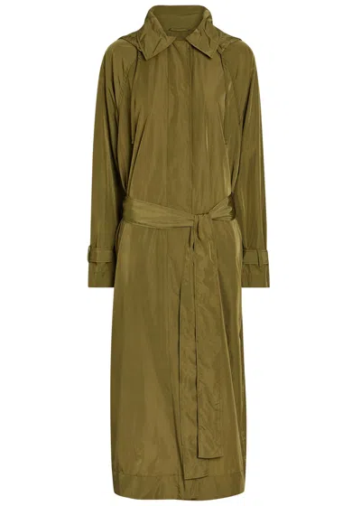 Another Tomorrow Hooded Belted Nylon Trench In Green