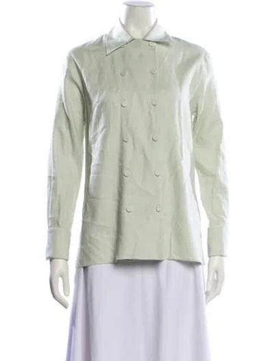 Pre-owned Another Tomorrow Linen Long Sleeve Button-up Top In Green