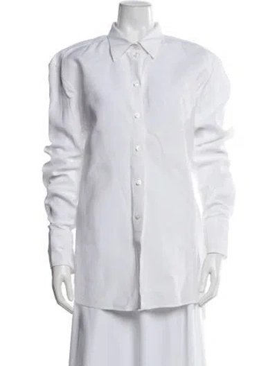 Pre-owned Another Tomorrow Linen Long Sleeve Button-up Top In White