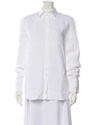 Pre-owned Another Tomorrow Linen Long Sleeve Button-up Top In White