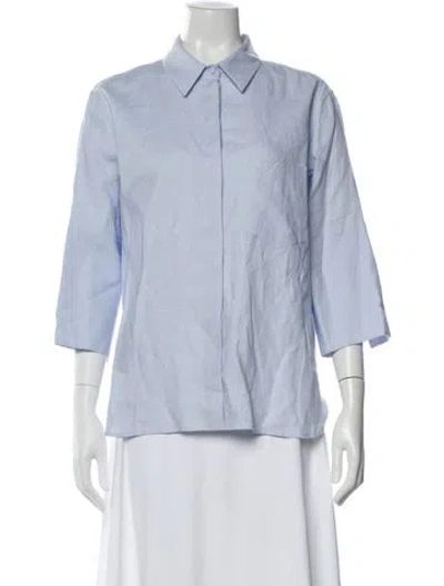 Pre-owned Another Tomorrow Linen Three-quarter Sleeve Button-up Top In Blue