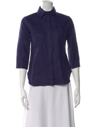 Pre-owned Another Tomorrow Linen Three-quarter Sleeve Button-up Top In Blue