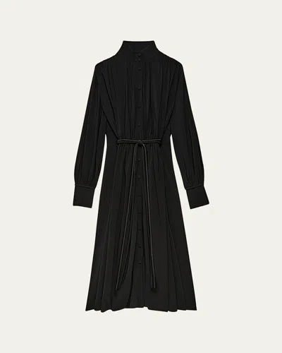 Another Tomorrow Long Pleated Drawstring Shirtdress In Black