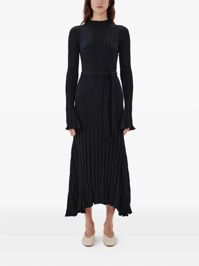 Another Tomorrow Long Ribbed-knit Flared Dress In Black