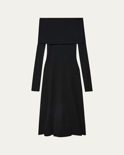 Another Tomorrow Long Shawl Off-shoulder Wool Dress In Black