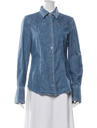 Pre-owned Another Tomorrow Long Sleeve Button-up Top In Blue