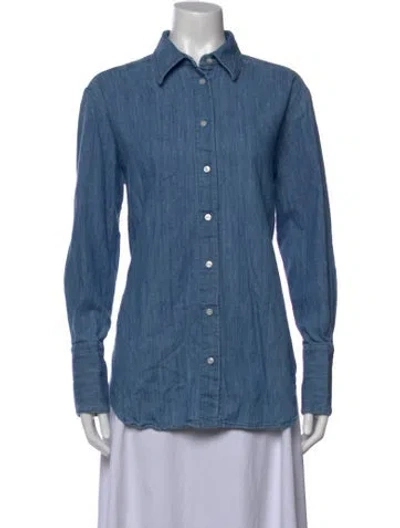 Pre-owned Another Tomorrow Long Sleeve Button-up Top In Blue