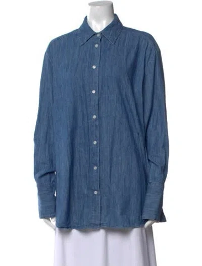 Pre-owned Another Tomorrow Long Sleeve Button-up Top In Blue