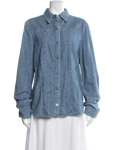 Pre-owned Another Tomorrow Long Sleeve Button-up Top In Blue