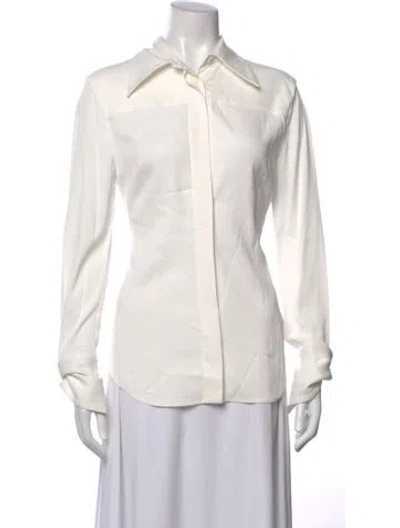 Pre-owned Another Tomorrow Long Sleeve Button-up Top In White