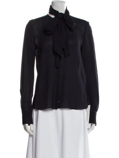 Pre-owned Another Tomorrow Mock Neck Long Sleeve Button-up Top In Blue