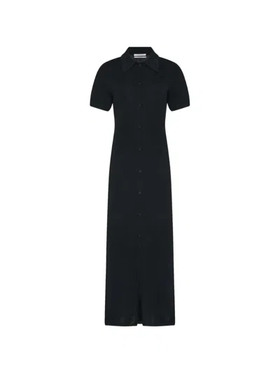 Another Tomorrow Pique-knit Button-front Midi Dress In Black