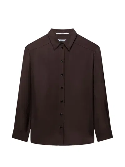 Another Tomorrow Pleat-back Silk Shirt In Brown
