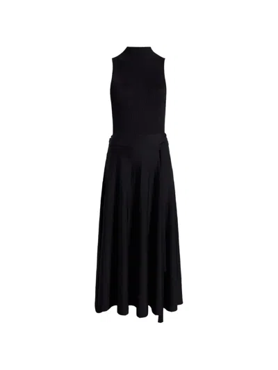 Another Tomorrow Pleated Mock-neck Midi Dress In Black