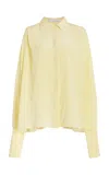 Another Tomorrow Pleated Silk Wrap Shirt In Yellow