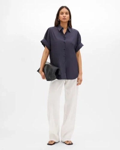 Another Tomorrow Poplin Short Sleeve Shirt In Blue