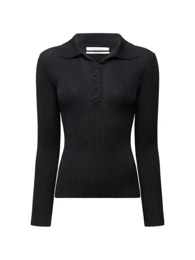 Another Tomorrow Ribbed-knit Polo Sweater In Black