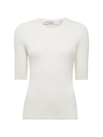 Another Tomorrow Ribbed-neck Elbow-sleeve Sweater In White