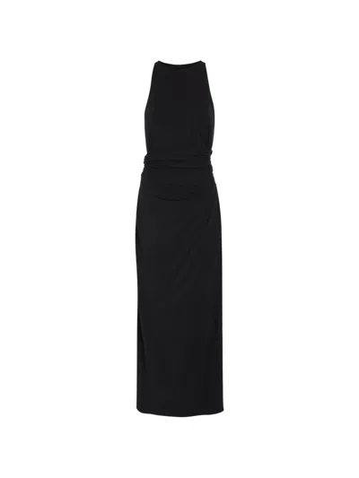 Another Tomorrow Ruched-waist Sleeveless Midi Dress In Black