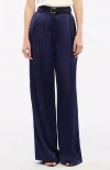 Another Tomorrow Pleated Satin Wide-leg Pants In Indigo