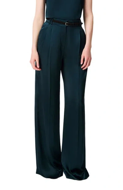 Another Tomorrow Satin Pleated Trouser In Green