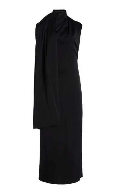 Another Tomorrow Scarf-detailed Knit Midi Dress In Black