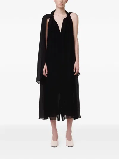 Another Tomorrow Scarf-detail Midi Dress In Black