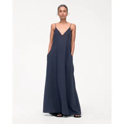Another Tomorrow Linen Seamed Slip Dress Navy