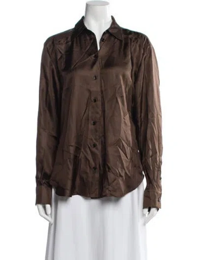 Pre-owned Another Tomorrow Silk Long Sleeve Button-up Top W/ Tags In Brown