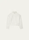 Another Tomorrow Stripe Stand-collar Crop Linen Shirt In Black/ Off White